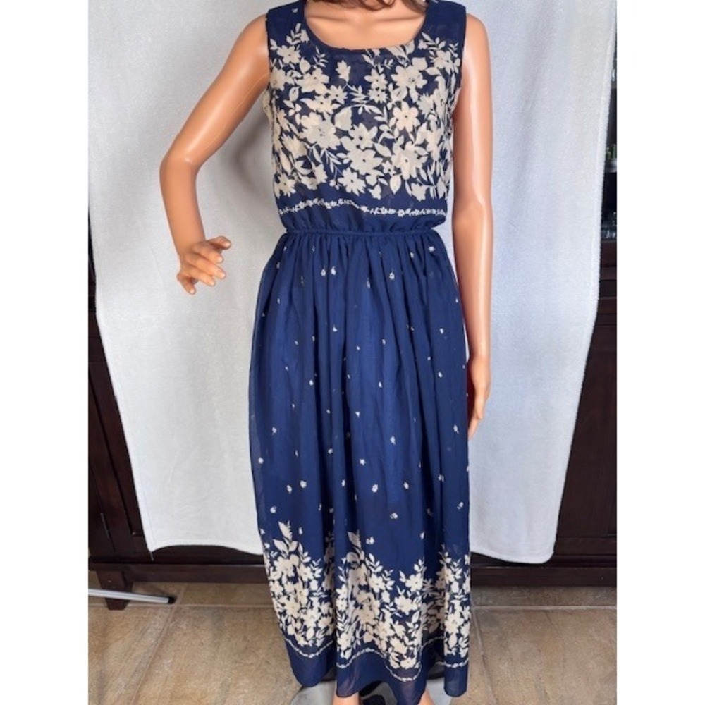 Oubaili sleeveless lightweight blue and tan/brown ankle maxi dress Size L